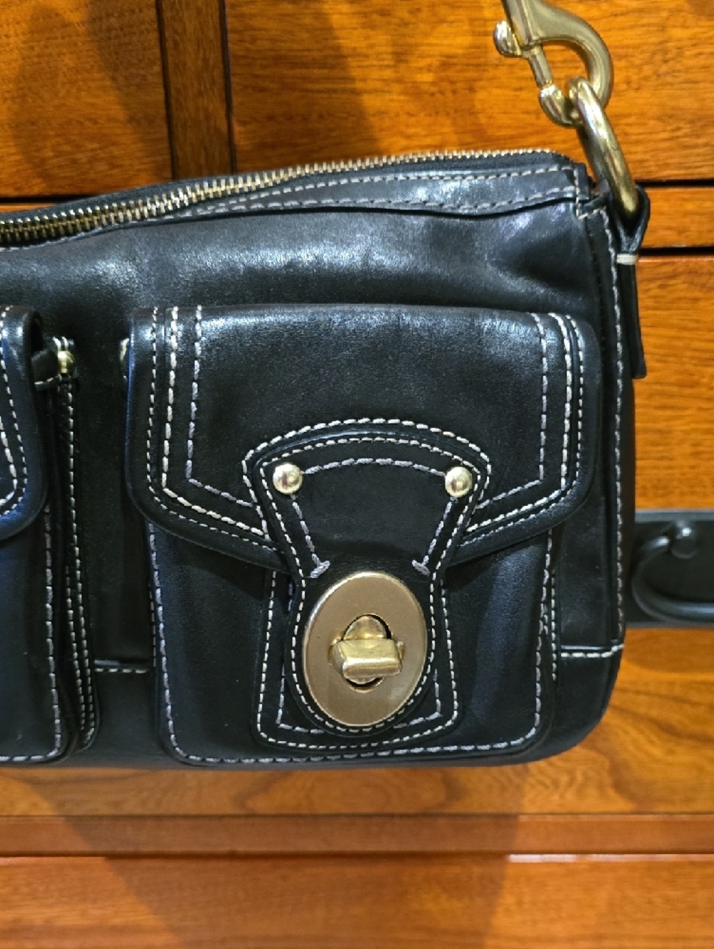 Black Leather Shoulder Bag with Front Turn-Lock Pockets - Picture 2 of 10